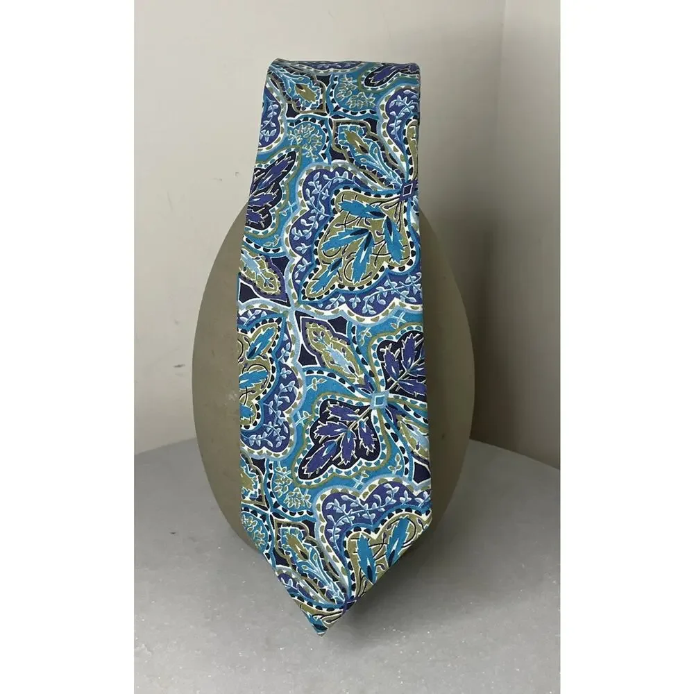 Liberty Of London Floral Mens Tie Cotton 80s 90s Vintage Blue Paisley Leaf Fine